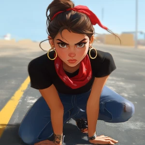 girl with brown hair, thick eyebrows, pumped up lips, potato nos...