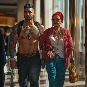 Photorealism,A sweaty tattoed muscular man walking with his 54...