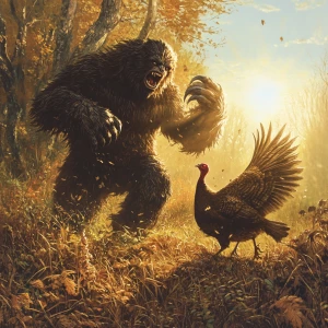 An enraged sasquatch with thick hair, depicted in humanoid form,...