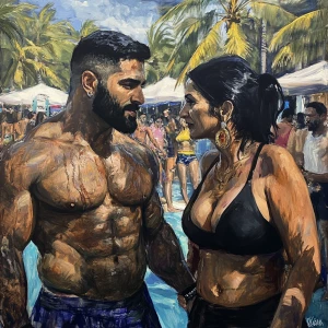 Realism  painting,a muscular beefy sweaty man  walking with his...