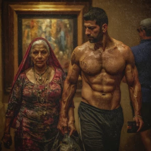 realism photo painting,A sweaty beefy kashmiri man walking with...