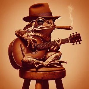 An anthropomorphic toad character donned in a stylish fedora hat, perched atop a round stool, puffing on a lit cigar, while expertly playing tunes on an acoustic guitar.