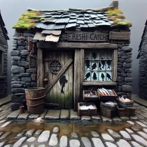 A squat, grimy building with dark, salt-stained stone walls and...