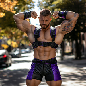 In this image, a muscular man is posing on an outdoor street, fl...