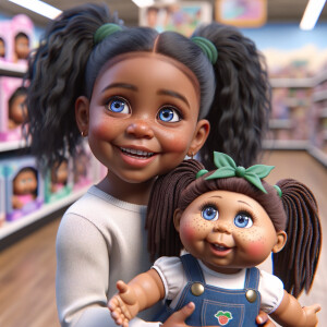 Create a 3-D realistic African-American little girl with huge blue eyes and long ponytails She is playing in her Favorite toy store with her favorite cabbage patch doll the cabbage patch now resembles her. It has very deep, dimples and Freckles