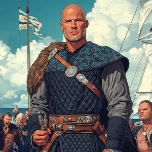 A muscular, bald man dressed in a medieval-style outfit consisti...