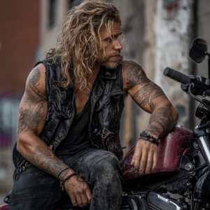 The image shows a muscular bodybuilder man with a tattooed arm s...