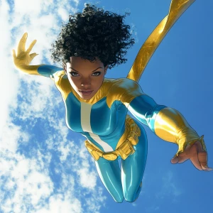Gliding gracefully through the azure expanse, the superheroine b...