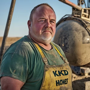 Brian Nobles a real 57 year old obese fat older Caucasian male who is using  a concrete mixer, he is a  pump operator holding the hose which carries the liquid concrete to the foundation pour, Brian is slowly  beginning his transition into his old age, Brian Nobles is beginning to look like a older fat obese man, he has large reflective blue eyes and a wrinkled brow,Brian has a grey beard and is now bald , prominent large protruding round fat obese belly,,thick white goatee beard,decreased muscle mass ,very noticeable male pattern balding hairline, Brian Nobles now has a  prominent receding and thinning male hairline (onset male pattern baldness), slightly fat overweight(Caucasian)wearing tight body conforming  glossy satin shiny green and gold tight fitting body conforming UnderArmour athletic bodysuit,emblazoned with the "KD HOMES" real estate logo, standing confidently in front of a newly completed constructed new KD HOME in Victorville California in a raw desert landscape. Brian has a protruding fat obese muscular physique, large male bulge, fat obese muscular frame , shows a substantial frame with a noticeable mature hairline and expressive eyes. His workman’s  pose should reflect his experience in his trade.