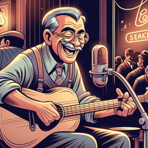 Cartoon of happy old man with round glasses playing guitar and s...