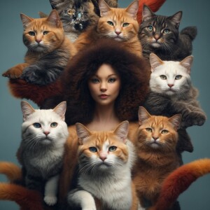 Five mischievous cats of different colors are playing together,...