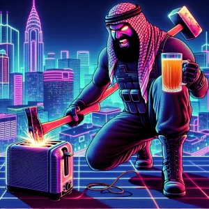 A furious individual sipping kombucha and destructively swinging...