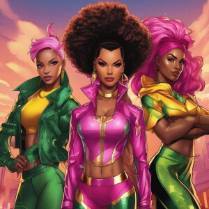 Craft a vivid description of the superhero trio featuring Asha W...