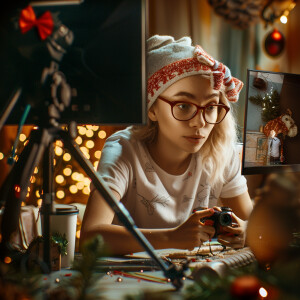 Photorealistic image. Woman making YouTube video of herself, mak...
