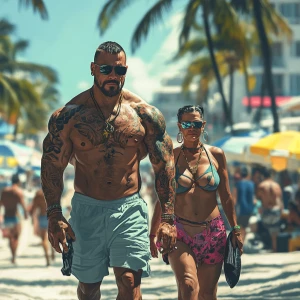 A muscular sweaty tattoed criminal walking with his american swe...