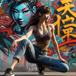 Very thin Athletic Thin skinny Attractive, Asian teenage girl, long brown hair and bangs, wearing tight skinny jeans and a halter top paint marks on her clothing, sitting side view heroic pose Asian graffiti