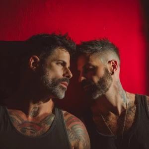 Two rugged, masculine men standing closely together in an intima...