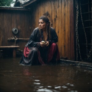 A drenched Wench clothes torn, squatting,  chained to a feeding...