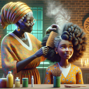 Create a realistic 3-D image of an african-American grandmother in the kitchen with her african-American granddaughter. The grandmother has a hot comb in her hair and she is straightening her granddaughters hair. One side of her granddaughters hair is in  a Afro the other is bone straight 
There is smoke coming from the hot comb