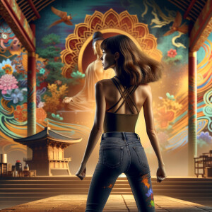 Athletic Thin skinny Attractive, Asian teenage girl, long brown hair and bangs, wearing tight skinny jeans and a halter top paint marks on her clothing, heroic pose Asian graffiti background, backside view