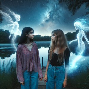 Two girls are standing by the lake at night and souls are flying...
