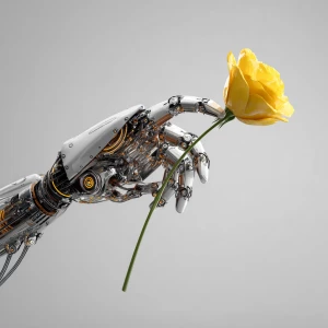the robot's metal finger touches the yellow petals of the flower...