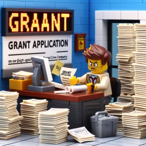 Create an image depicting a Lego minifigure in an office setting...