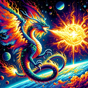 Dramatic digital painting. A celestial dragon bursts forth from...