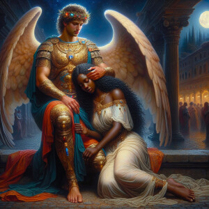 Create an oil painting image featuring a male angel and a grievi...