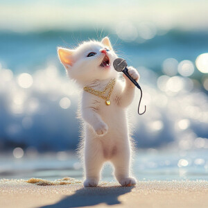 White kitten with a cute face with black eyes standing like a hu...