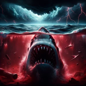 "A monstrous great white shark erupting from crimson-tinged ocea...