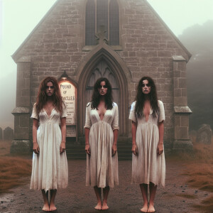 Create a color film photograph from 1962 of exactly three stunni...