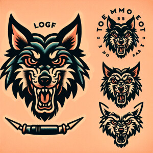 Tattoo flash design of A wolf head in full color with mouth open...