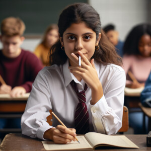 Schoolgirl smoking a cigarette in class.