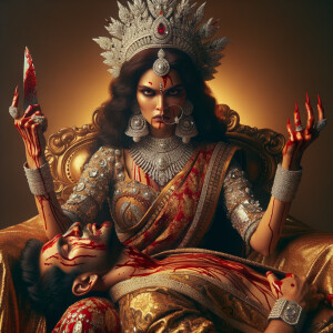 portrait of angry looking goddess durga, sitting on a gold crown...