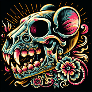 Realistic rat fink  skull in glow in the dark colors in an old s...