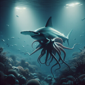 Hammerhead shark with octopustentacles. Ultra-detailed, ultra-re...