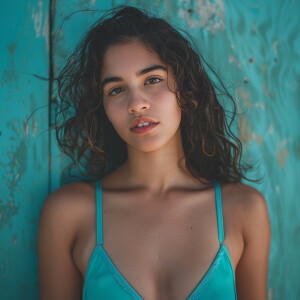 Photo of fair skinned young Latina woman with brunette hair, pet...