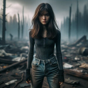 Skinny and thin Asian teen girl wearing skin tight jeans that are worn and frayed, long hair and bangs heroic ready to fight stance