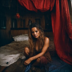 A shamed cheating Wench clothes torn, squatting beside a bed at...