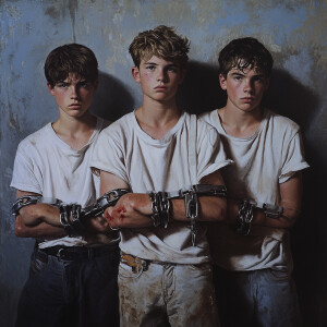 Three white teenage boys, handcuffed