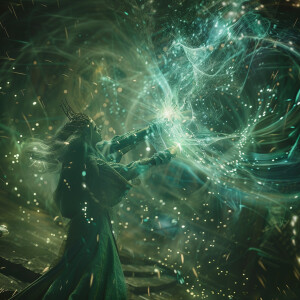 A cinematic view of a female elf sorcerer casting spells, inspir...