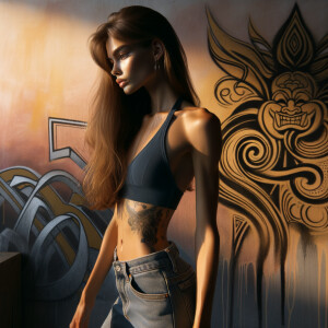 Athletic Thin skinny Attractive, Asian teenage girl, long brown hair and bangs, wearing tight skinny jeans and a halter top paint marks on her clothing, heroic pose Asian graffiti background, side view