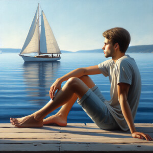 Realistic, oil painting Of a young American man Sitting on a doc...
