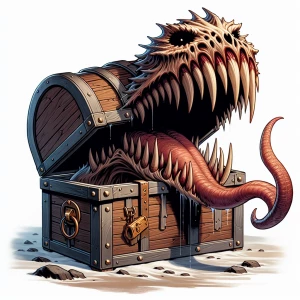 A Mimic creature disguised as a wooden treasure chest with sharp...