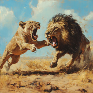 A vivid depiction of an intense confrontation on the African sav...