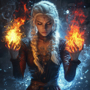 A powerful witch conjuring both fire and ice with her hands simu...