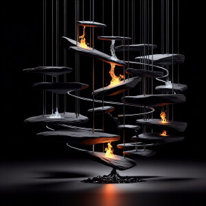 Flat Black thin slate stones floating  connected through stainle...