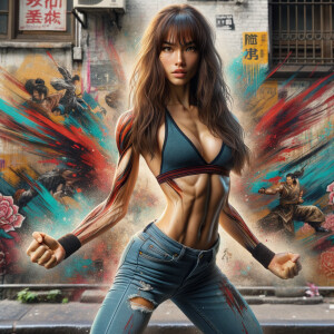 Athletic Thin skinny Attractive, Asian teenage girl, long brown hair and bangs, wearing tight skinny jeans and a halter top paint marks on her clothing, heroic pose Asian graffiti background