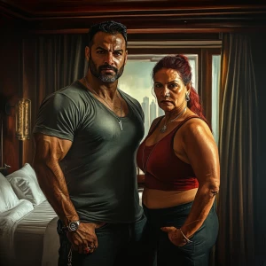 Hyperrealism art style.A sweaty beefy muscular man standing with...